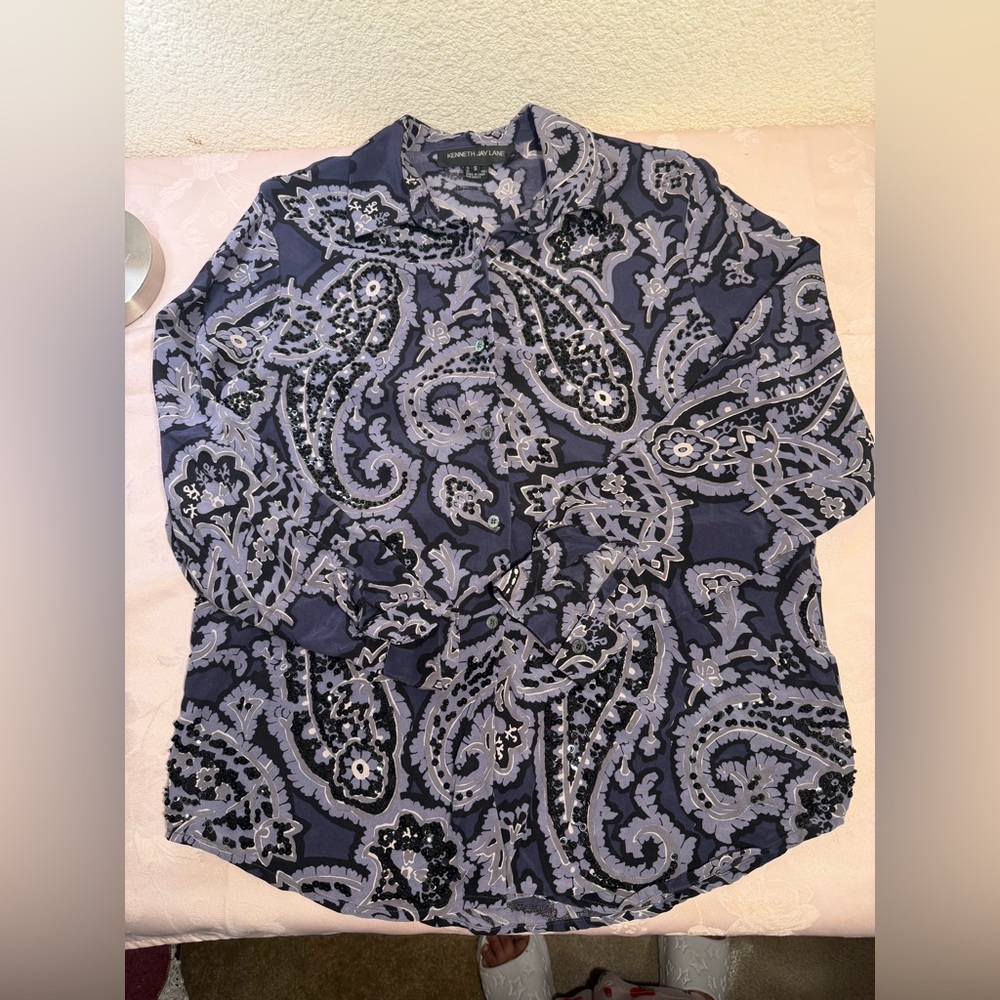 Kenneth Jay Lane Black and Gray Paisley Shirt